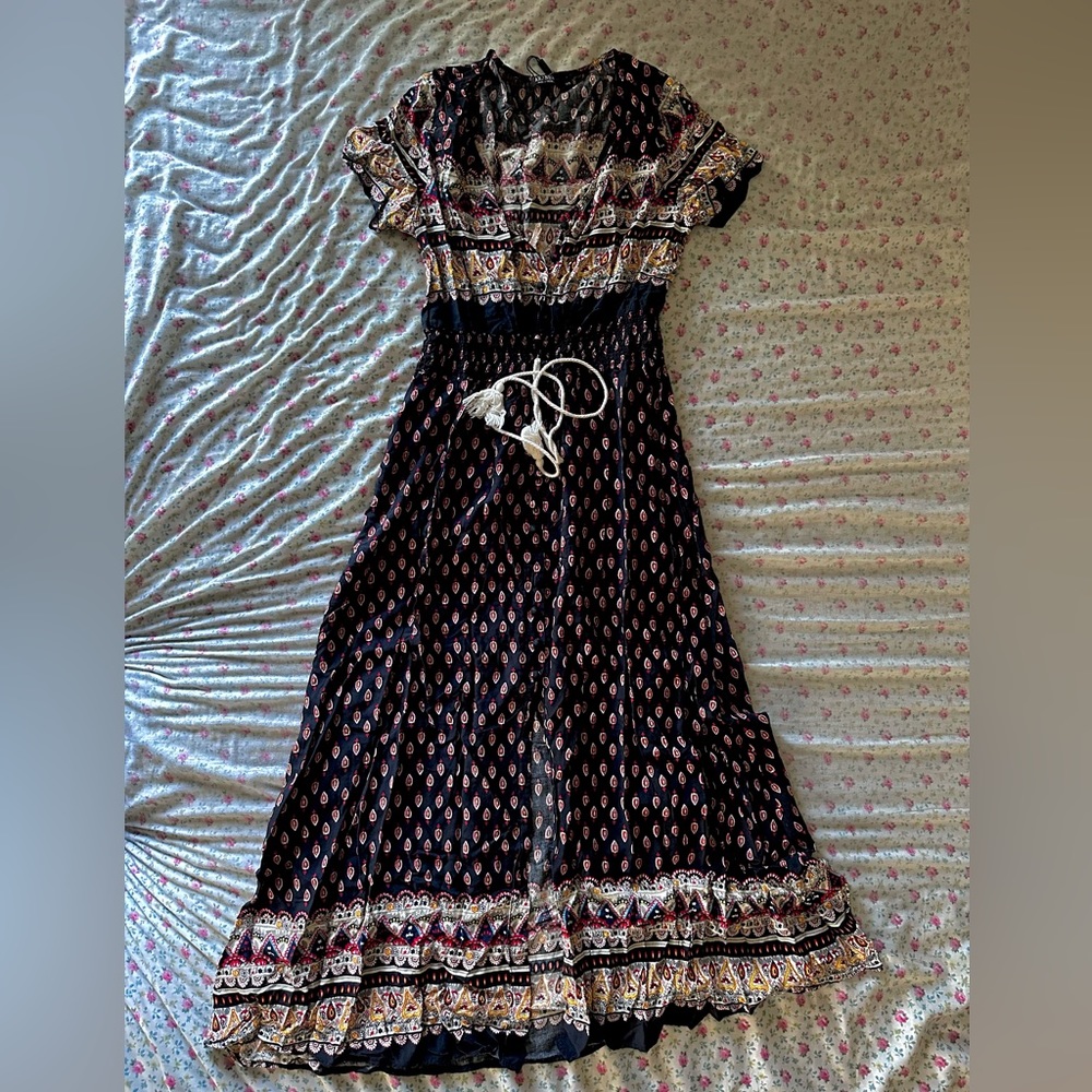 Aranee boho floral maxi dress with split and button up details